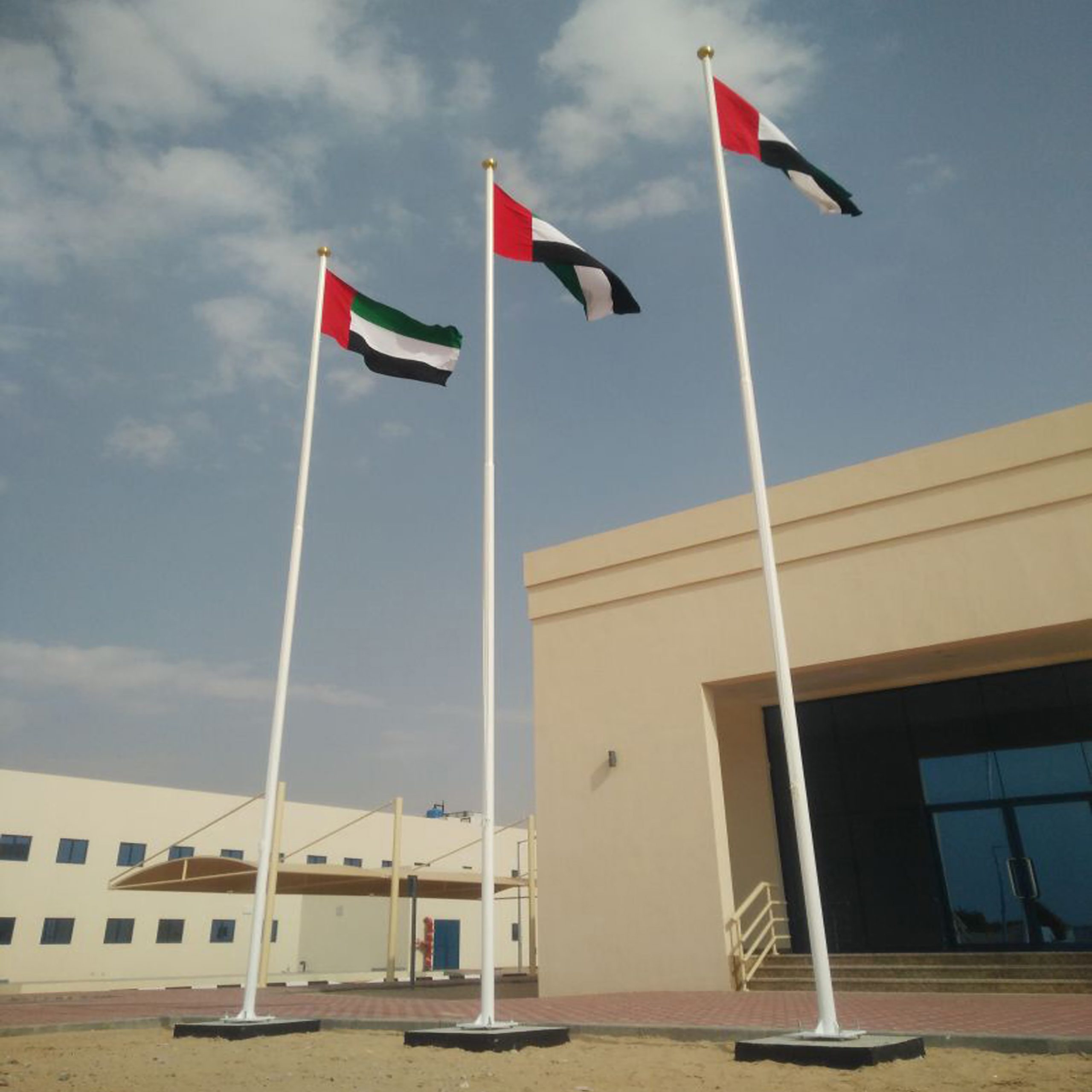 Three galvanised iron flag pole flutter in the breeze in front of a prominent building, symbolizing unity and diversity.