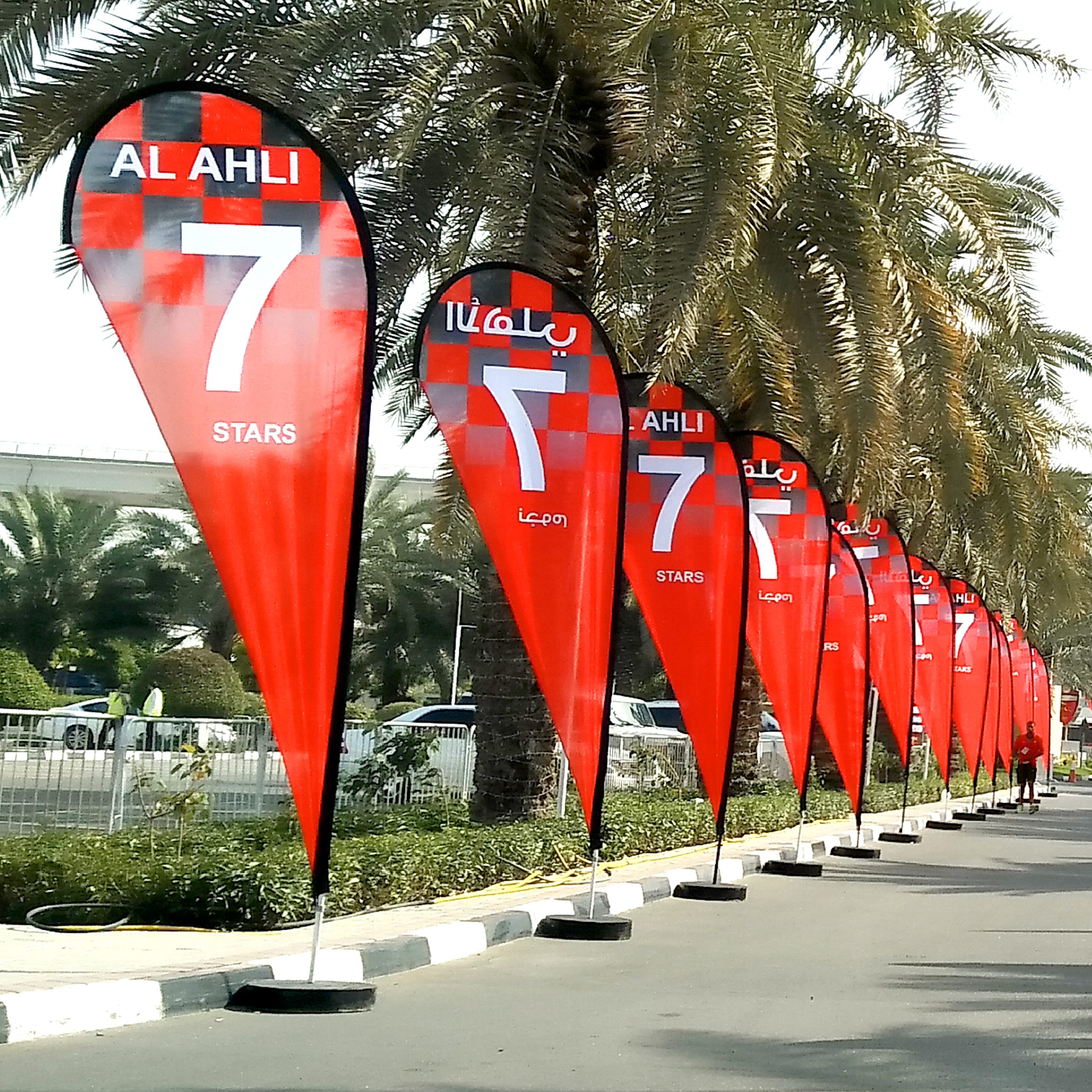 A series of red tear drop flags, each marked with a different number, lined up in an orderly fashion for clear visibility